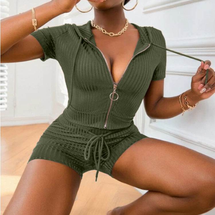 Women Fashion Summer 2pcs Drawstring Hoodie Athleisure wear Short set