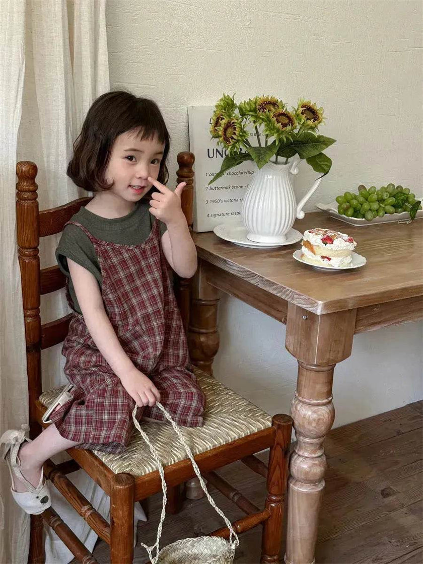 Summer Children's Plaid Overalls boy And girl Baby Unisex Mori Style Retro Jumpsuit Straight-leg Pants