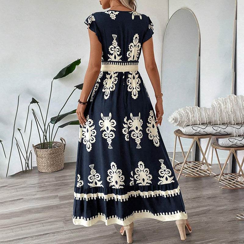 Women's Summer Flowy Maxi Dress Casual Cap Sleeve V Neck Smocked Waist Beach Sundress