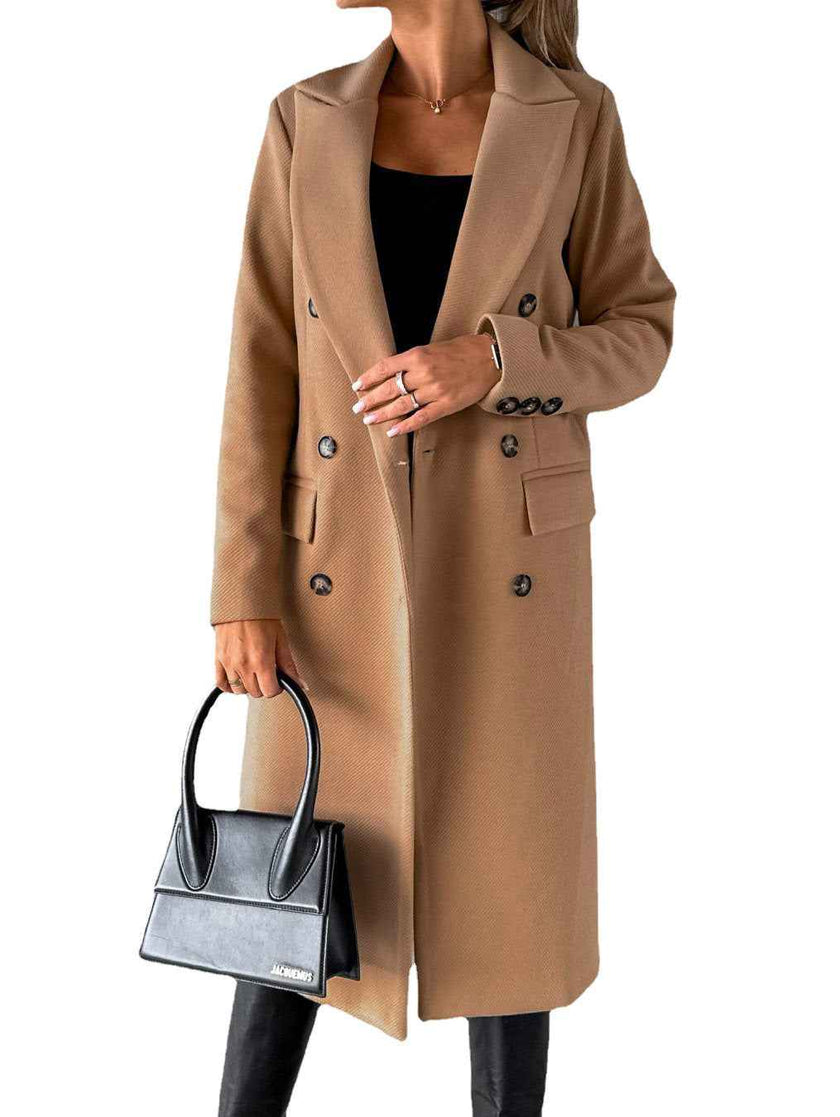 Double Breasted Lapel Coat Winter Fashion Solid Slim Long Jacket Long Sleeve Tops Womens Clothing