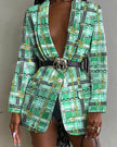 Fashion Printed Shawl Collar Single-breasted Belt Vintage Blazer Women