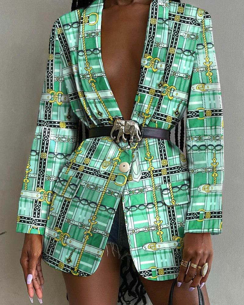 Fashion Printed Shawl Collar Single-breasted Belt Vintage Blazer Women