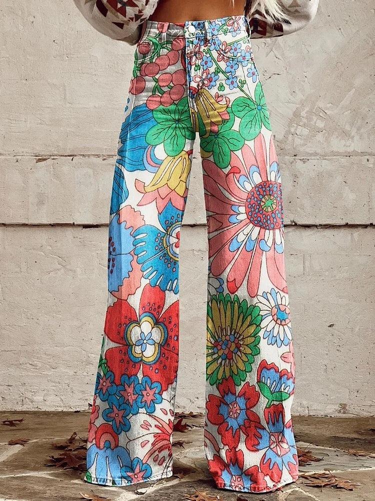Graphic Printed Pants for Women – Stretch Denim Look Casual Trousers