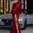 Elegant One shoulder Tassel Sequined Slit Long Evening Cocktail Party dress
