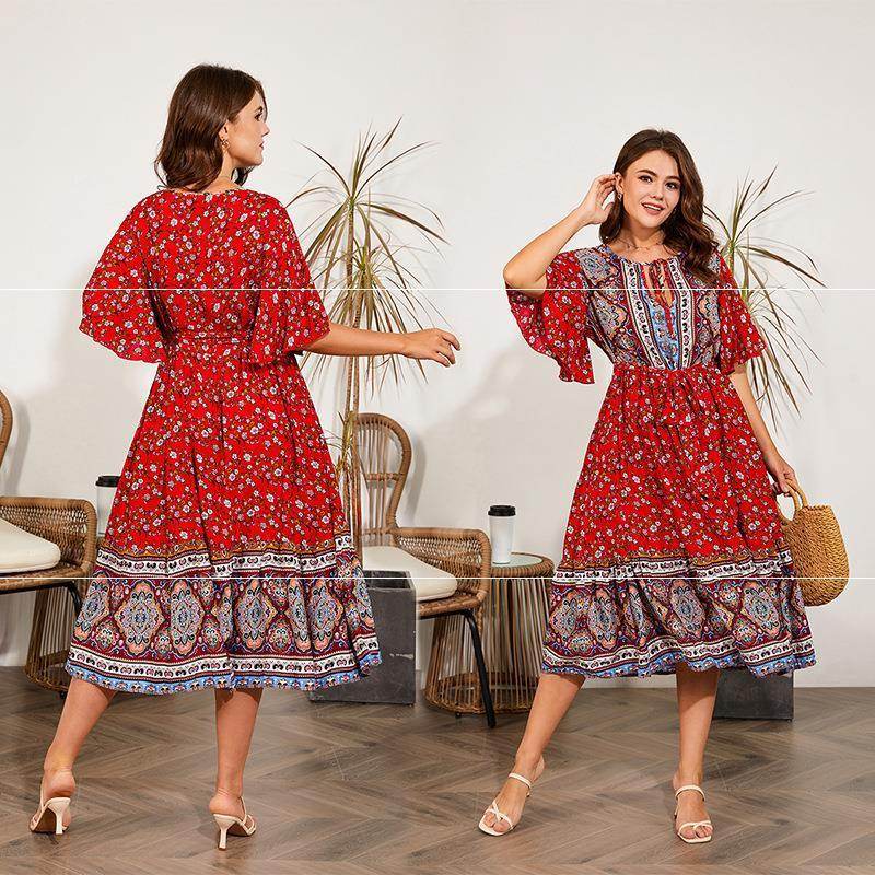 Modest Plus Size Summer dress V Neck Midi Beach boho Dress