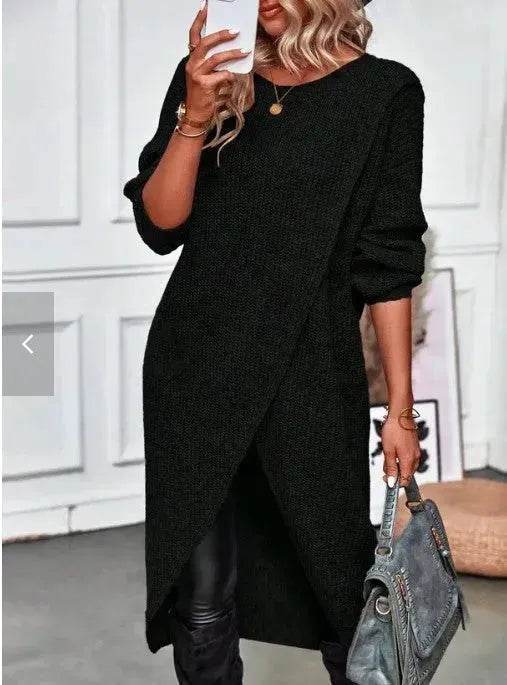 Front Split Winter Sweater Mini Tunic Dress