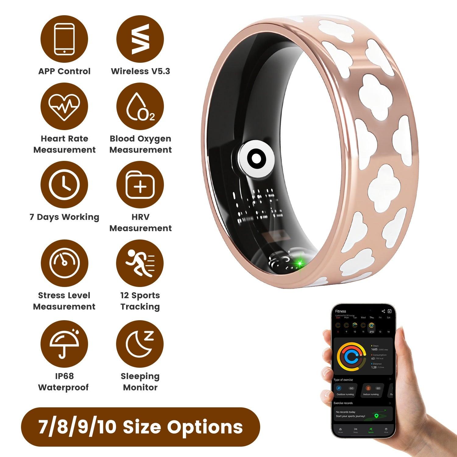 Smart Ring Health Tracker White Cloud Fitness Sleep HRV Stress Titanium IP68 7-Day Battery