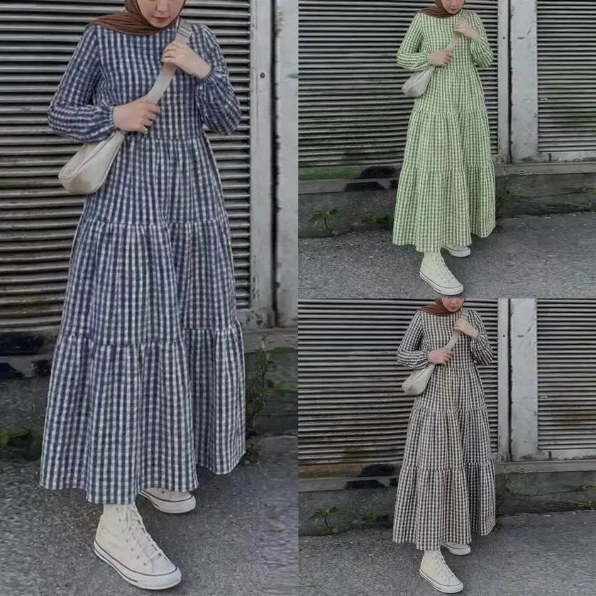 Middle East Plaid Long Sleeve Elastic Sleeve Round Neck Loose Waist Casual Dress Checked Casual dress for Arabfor Women