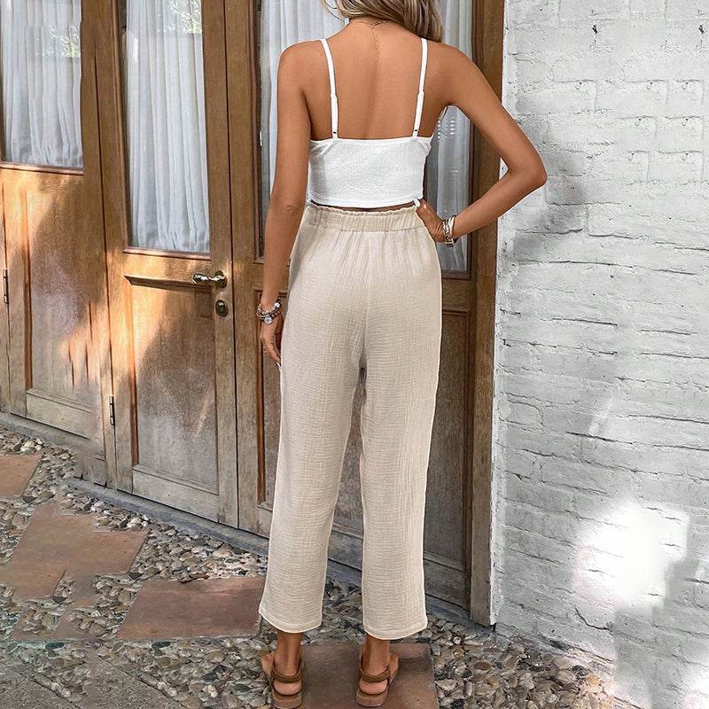 Women's Summer 2-Piece Outfit Sleeveless Lace Vest Top And Casual Elastic Waist Pants