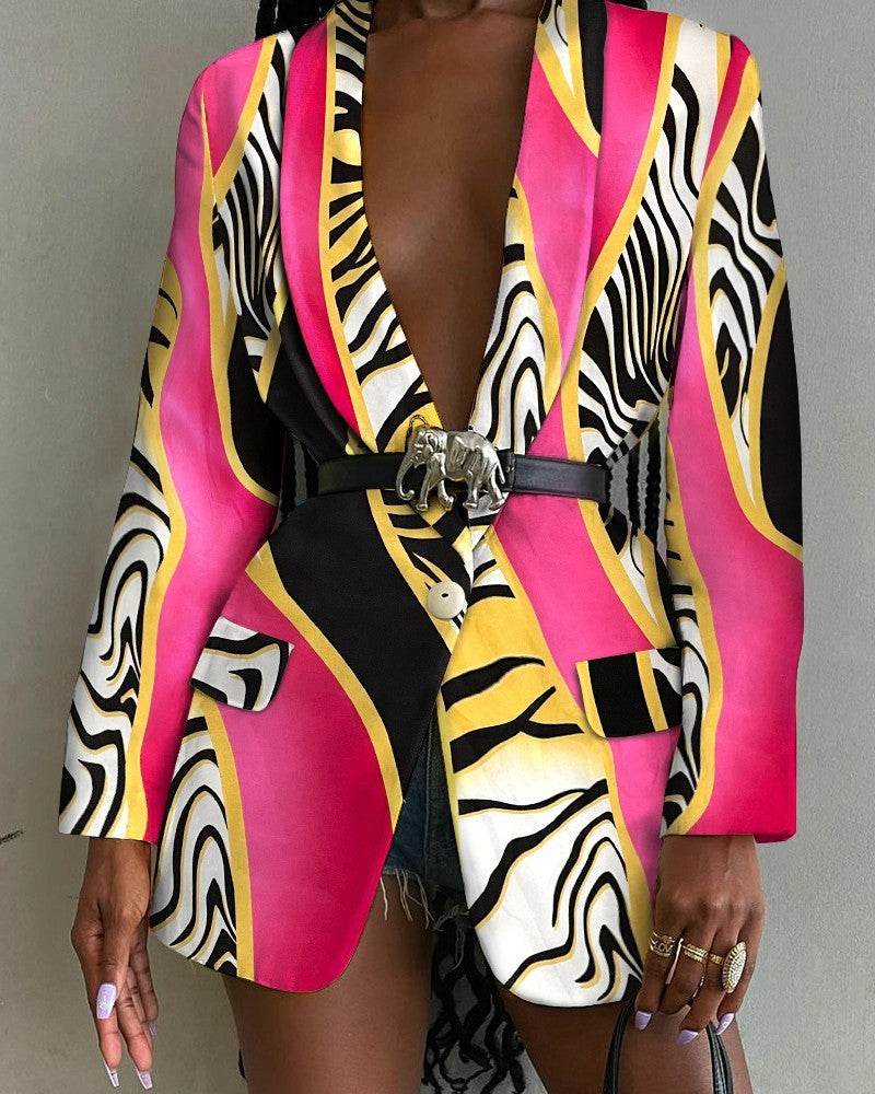 Fashion Printed Shawl Collar Single-breasted Belt Vintage Blazer Women