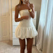 Chic Tube Top Dress Summer Solid Color Pleated Skirt Dress Women Fashion Short Mini Skater Dresses  Evening Party Cocktail Dress for Ladies