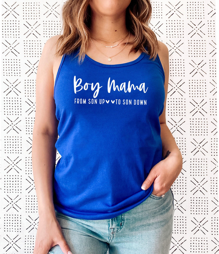 Boy Mama From Son Up to Son Down Racerback Tank Top