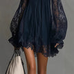 Long-Sleeve Lace Boat Neck Slip Dress – Solid Color Stretch Mini