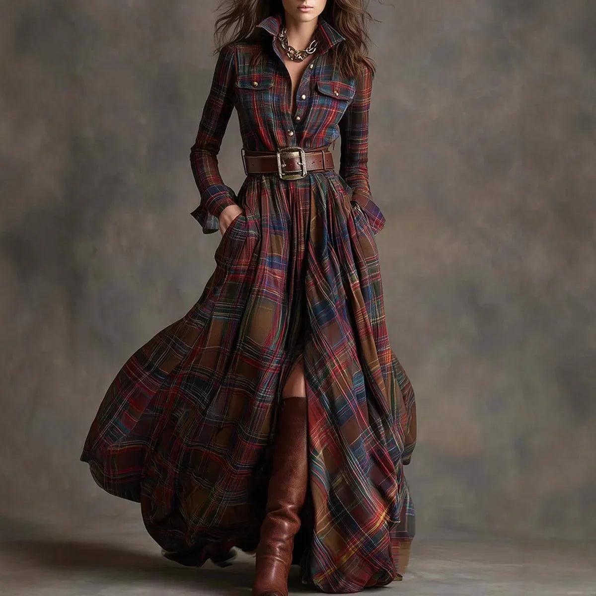 Large Size Women's Clothing French Retro Grid Slim Irregular Dress