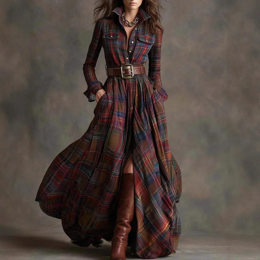 Large Size Women's Clothing French Retro Grid Slim Irregular Dress