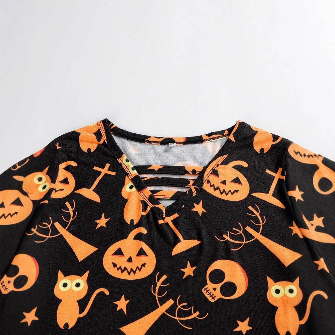 Digital Printing Halloween Round Neck Long Sleeve Plus Size T-shirt