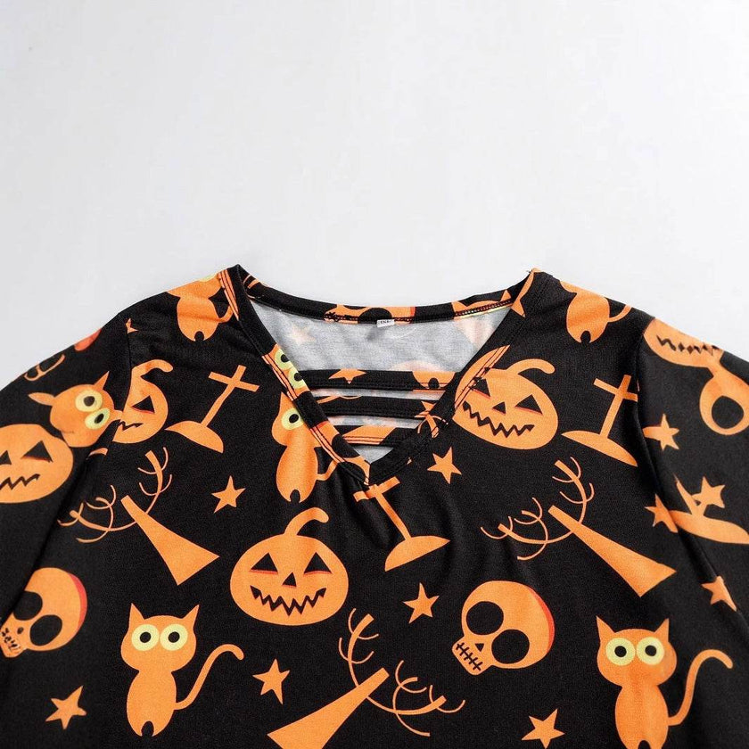 Digital Printing Halloween Round Neck Long Sleeve Plus Size T-shirt
