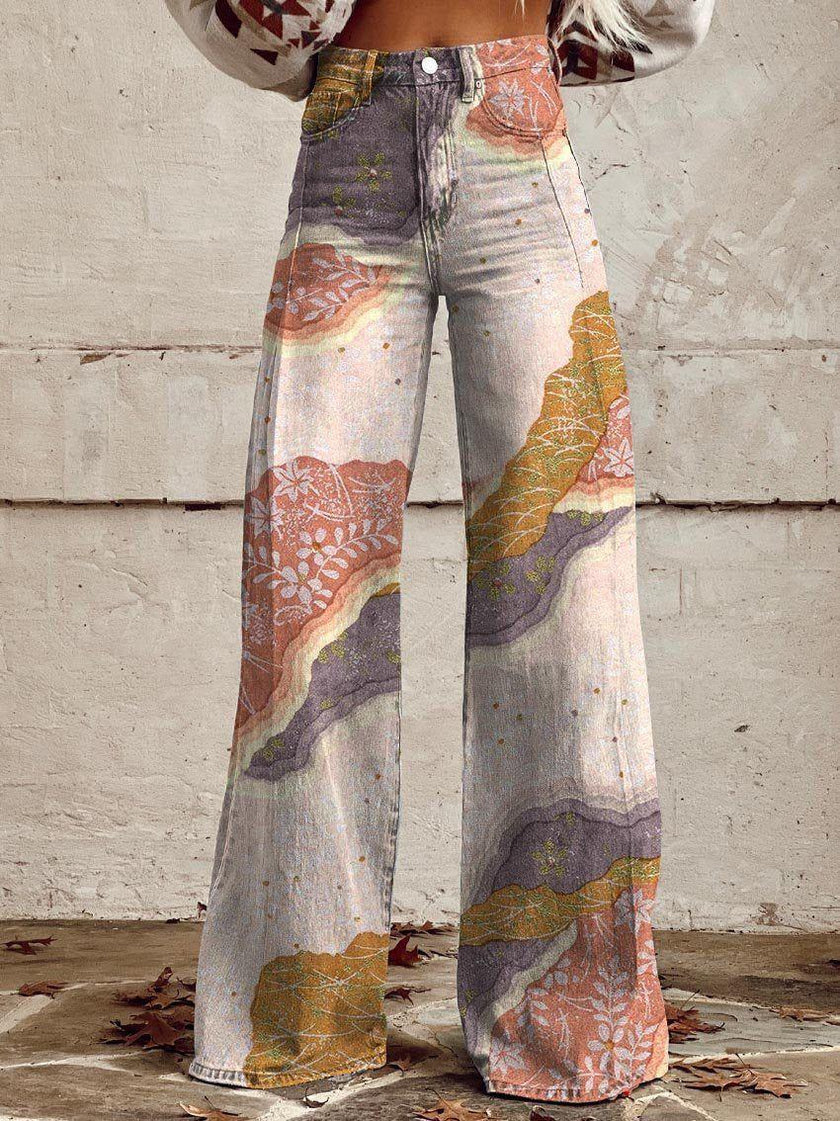 Women's 3D Graphic Print Flare Pants – Plus Size Mid-Waist Wide Leg Printed Trousers