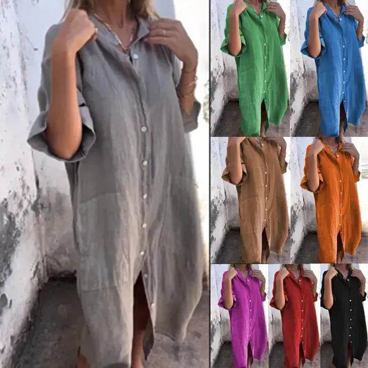 Women's Cotton Linen Shirt Dress – Loose Casual Button-Down A-Line Dress