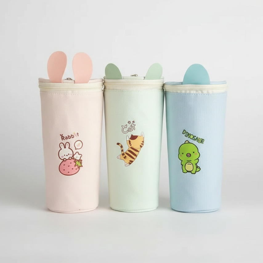 Kawaii Cartoon Canvas Pencil Case – Cute Round Pencil Bag for Kids & Students