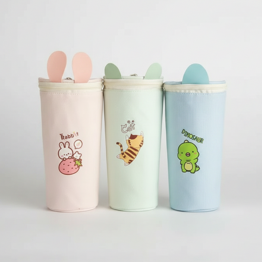 Kawaii Cartoon Canvas Pencil Case – Cute Round Pencil Bag for Kids & Students