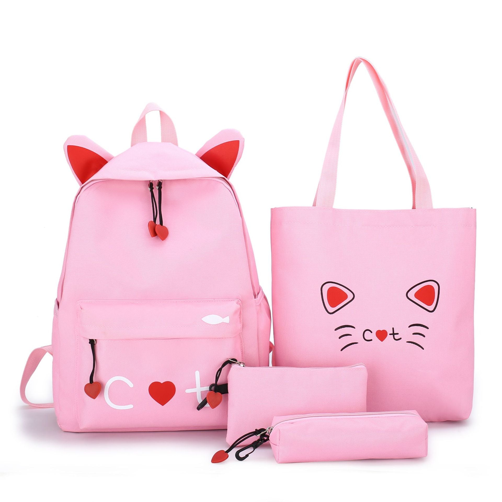 Cat Print 4-Piece Canvas School Backpack Set – Girls' Back-to-School Bag (Yellow, Grey, Black, Pink)