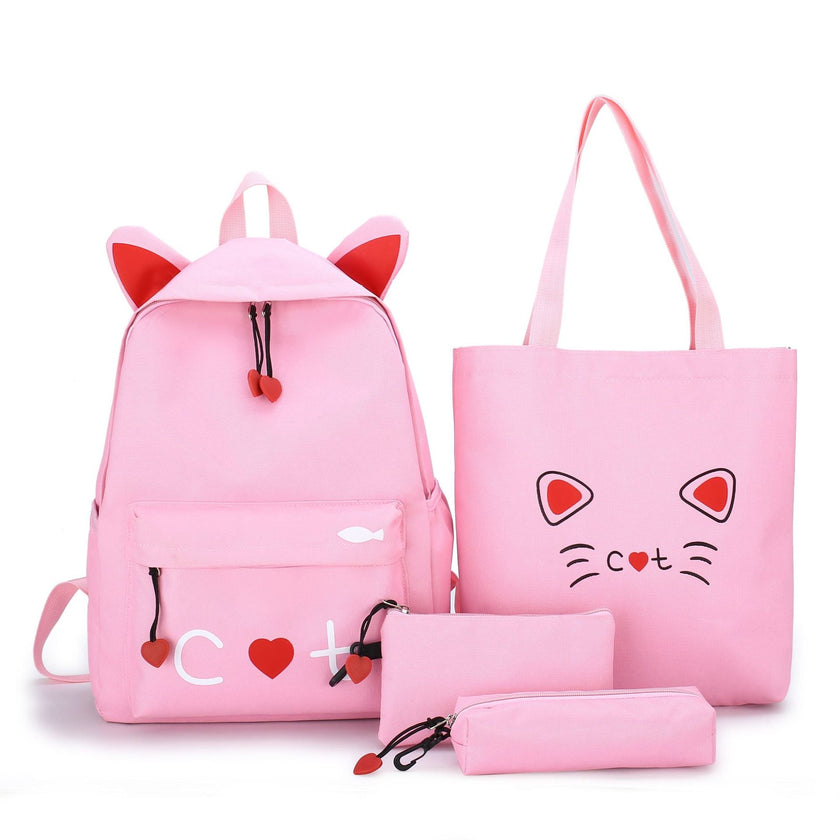 Cat Print 4-Piece Canvas School Backpack Set – Girls' Back-to-School Bag (Yellow, Grey, Black, Pink)