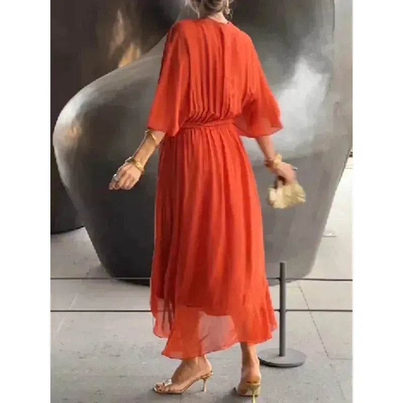 Batwing Sleeve V-neck Dress Summer Pure Color Tied Irregular Wrap Midi Dresses for Women