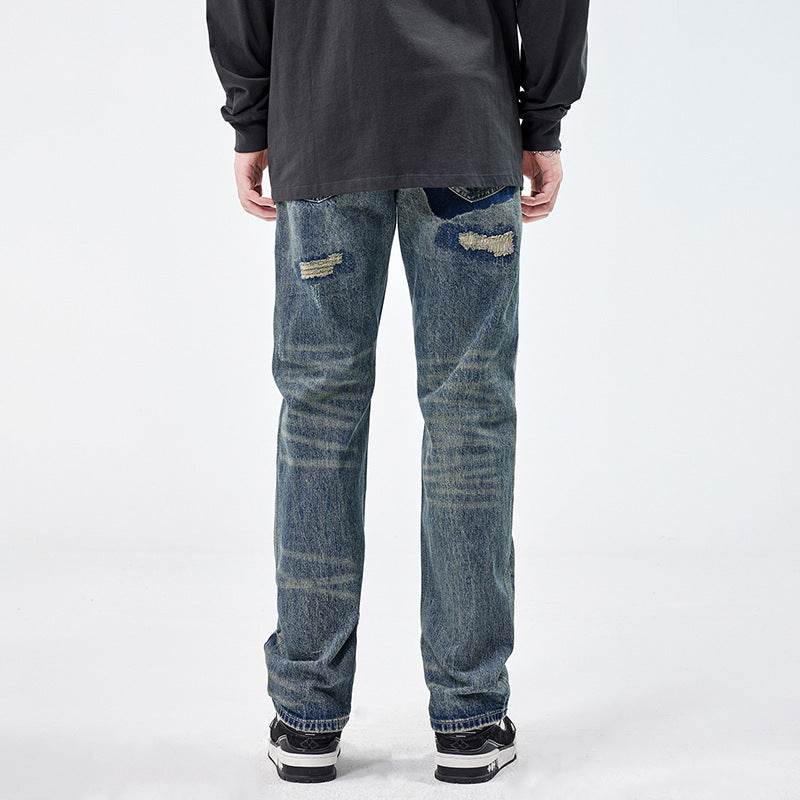 American Style Loose Broken Patch Straight Retro Denim Jeans pant Trousers Men