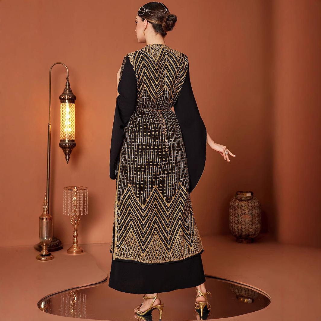 Arabic Vintage Gold Embroidered Black Fake Two Pieces Robe