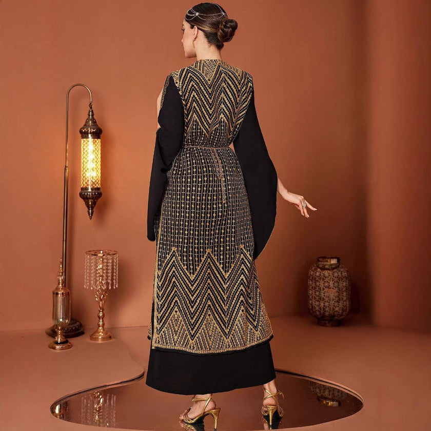 Arabic Vintage Gold Embroidered Black Fake Two Pieces Robe