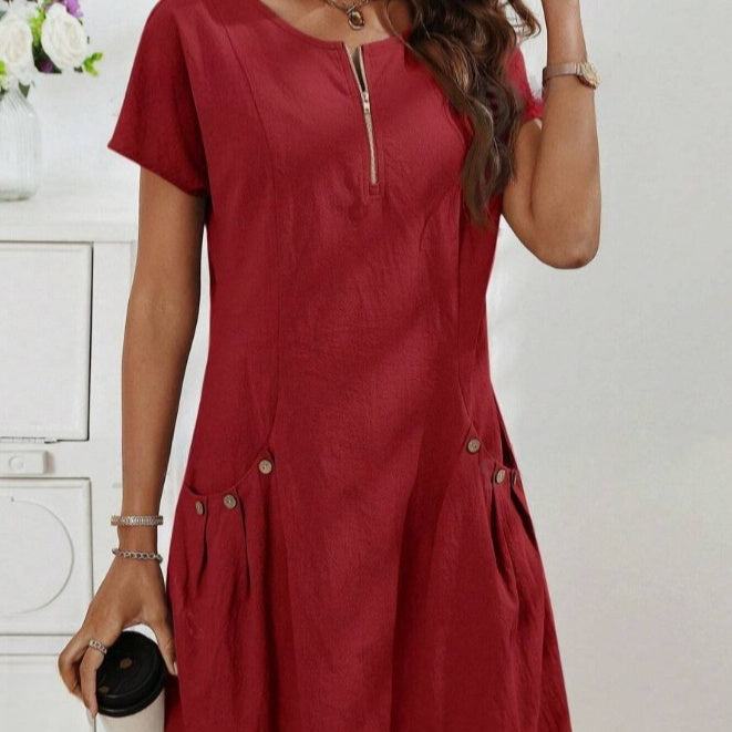 Women's Short-Sleeve Casual Dress with Pockets & Zipper – 12 Colors, S–3XL