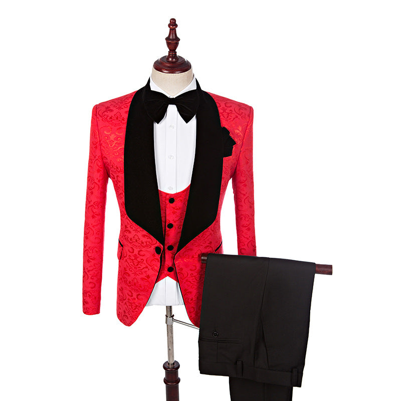 Men's Red Jacquard Tuxedo Suit Set – 3-Piece Wedding & Gala Suit
