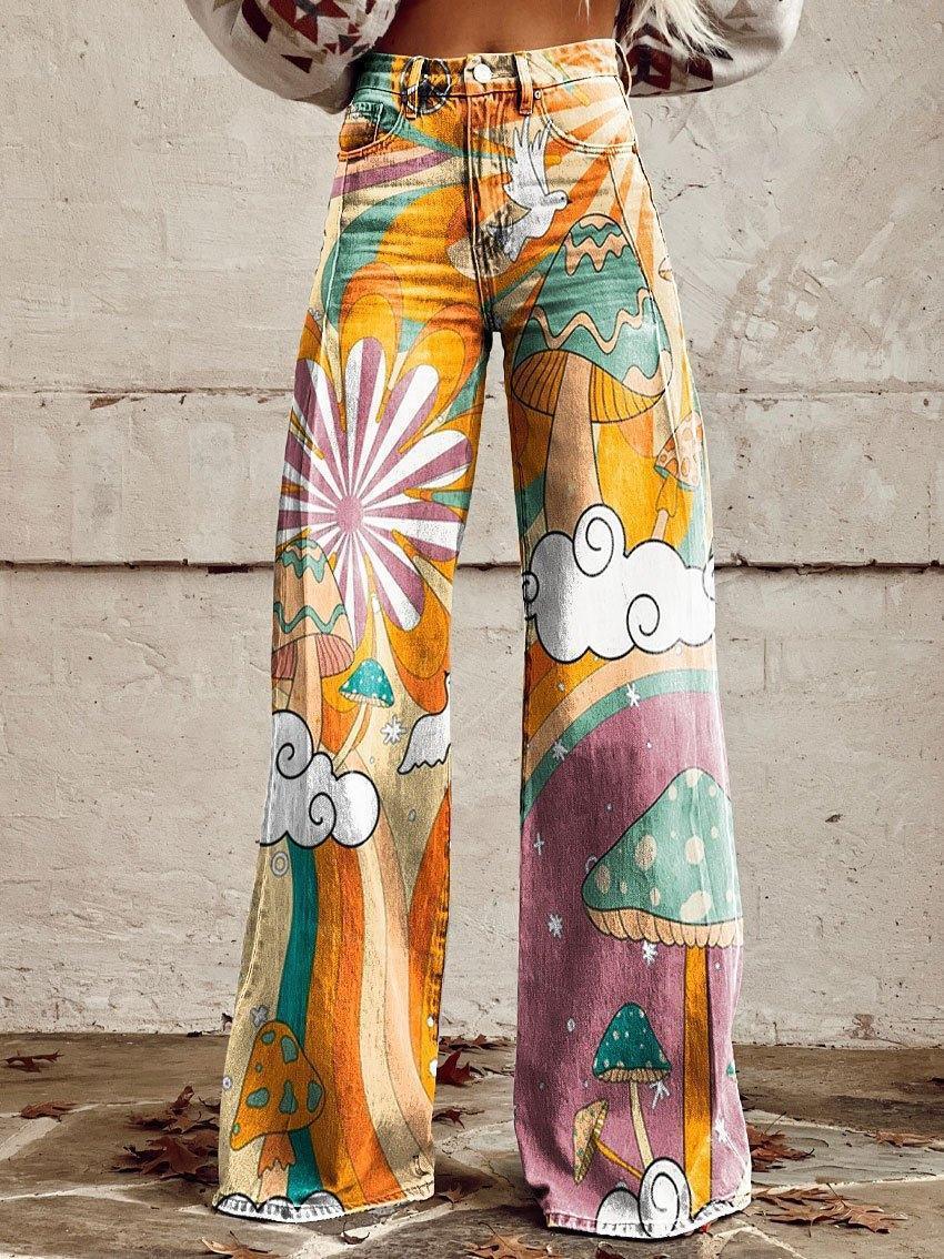 Graphic Printed Bootcut Jeans for Women – Wide Leg Printed Denim Trousers