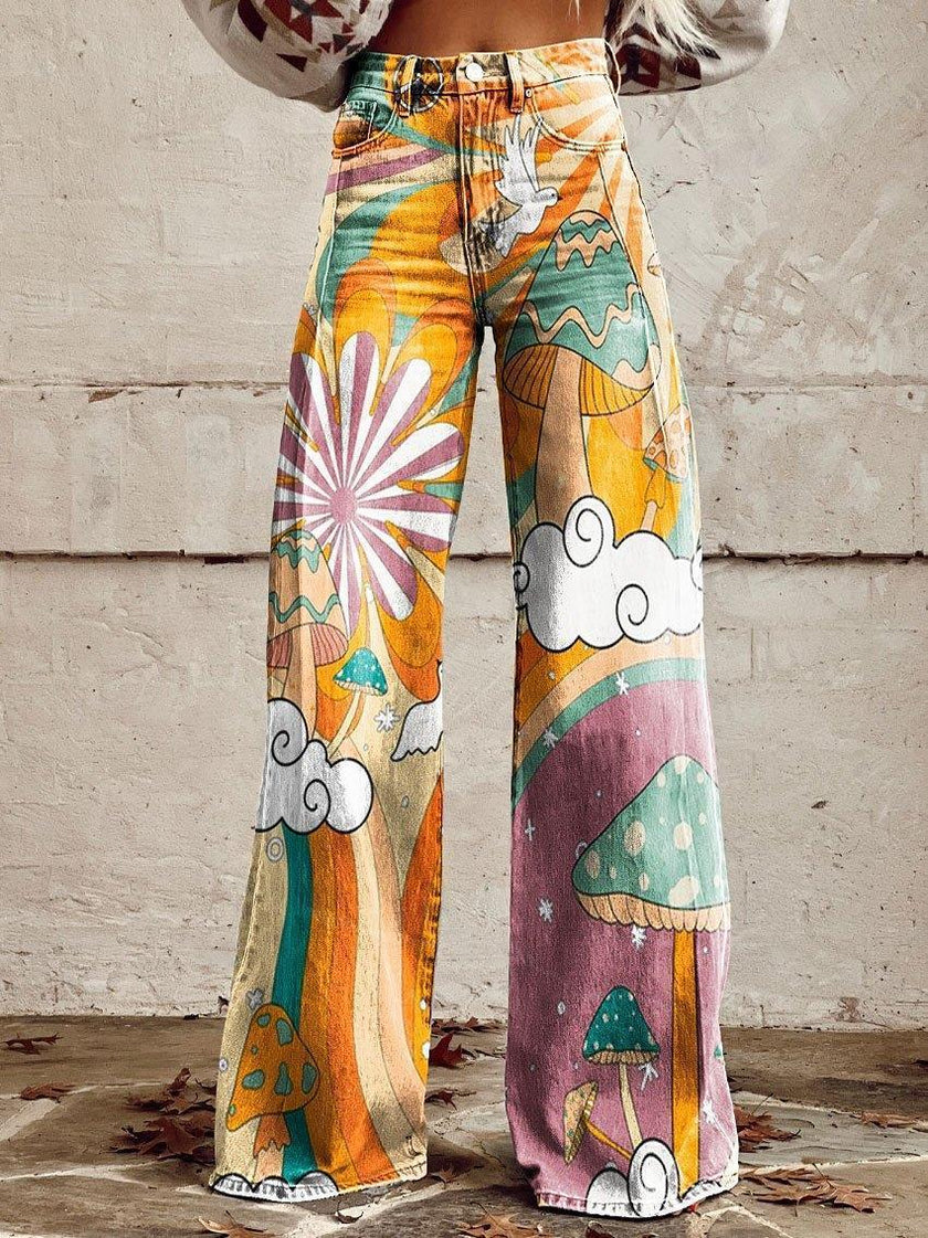 Graphic Printed Bootcut Jeans for Women – Wide Leg Printed Denim Trousers