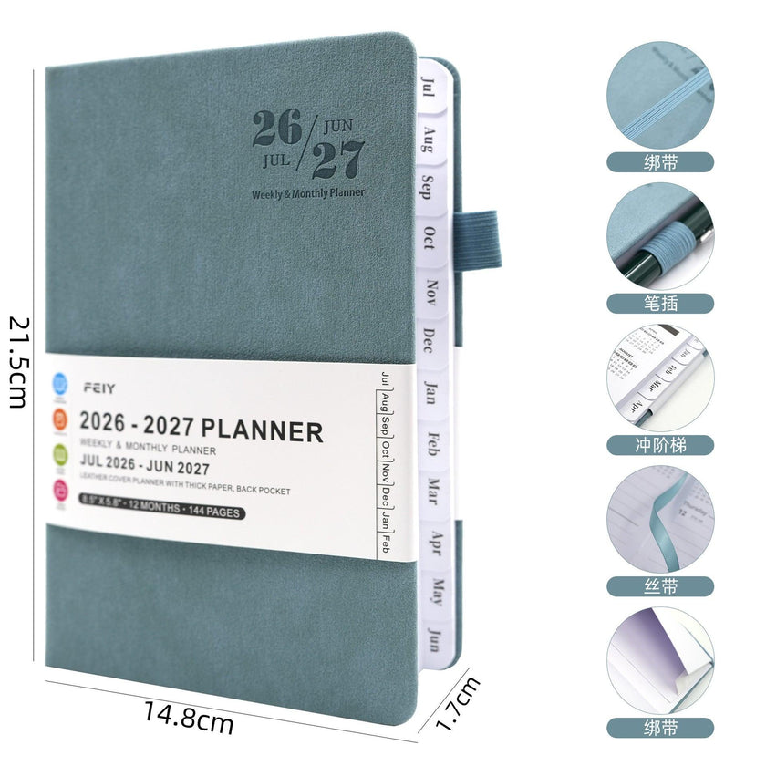 2026–2027 Weekly Monthly Planner Notebook – A5 Faux Leather Cover, 100gsm, Sewn Binding (7 Colours)