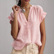 Women's Casual V-Neck Cotton-Linen Blouse Top Summer Ruffle Short-Sleeve Solid Color Office Daily Wear Shirts