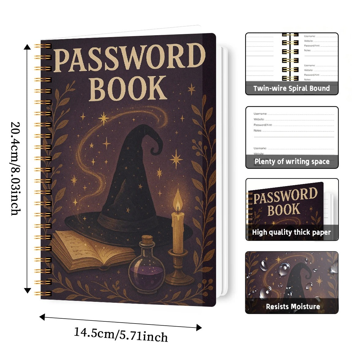 Witchy Password Book – A5 Spiral Notebook with Mystical Cover (Multicolour)