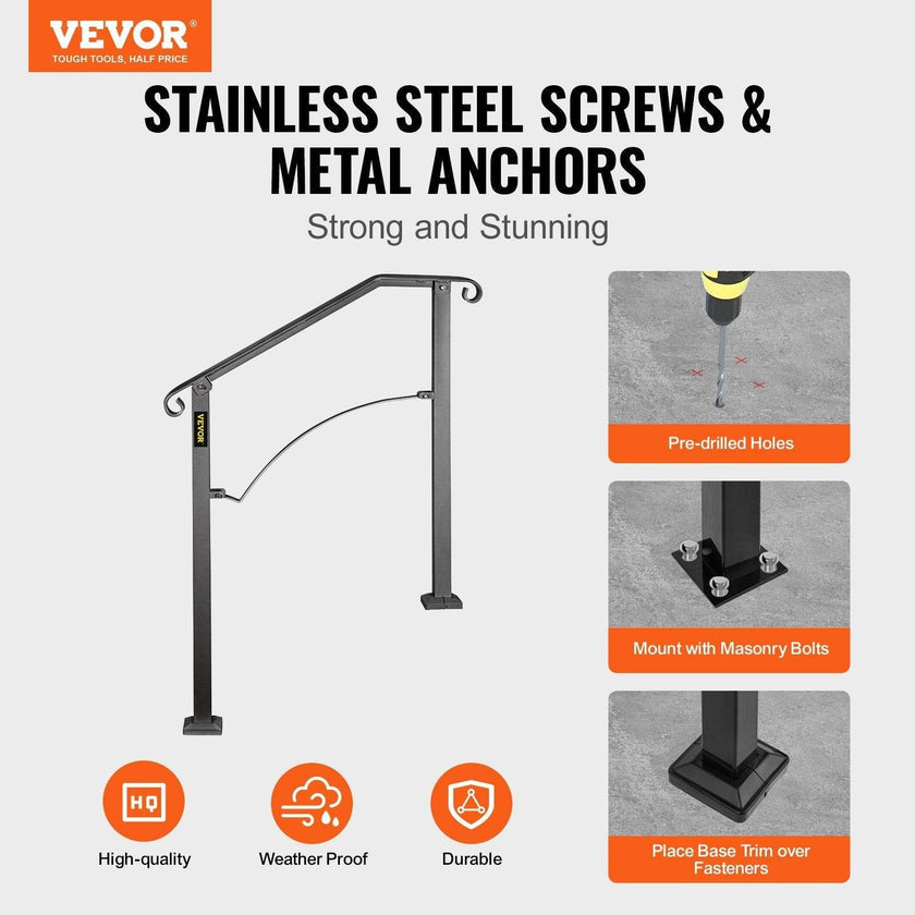 Handrails For Outdoor Steps, Fit 2 Or 3 Steps Outdoor Stair Railing, Arch 2 Wrought Iron Handrail, Flexible Porch Railing, Black Transitional Handrails For Concrete Steps Or Wooden Stairs