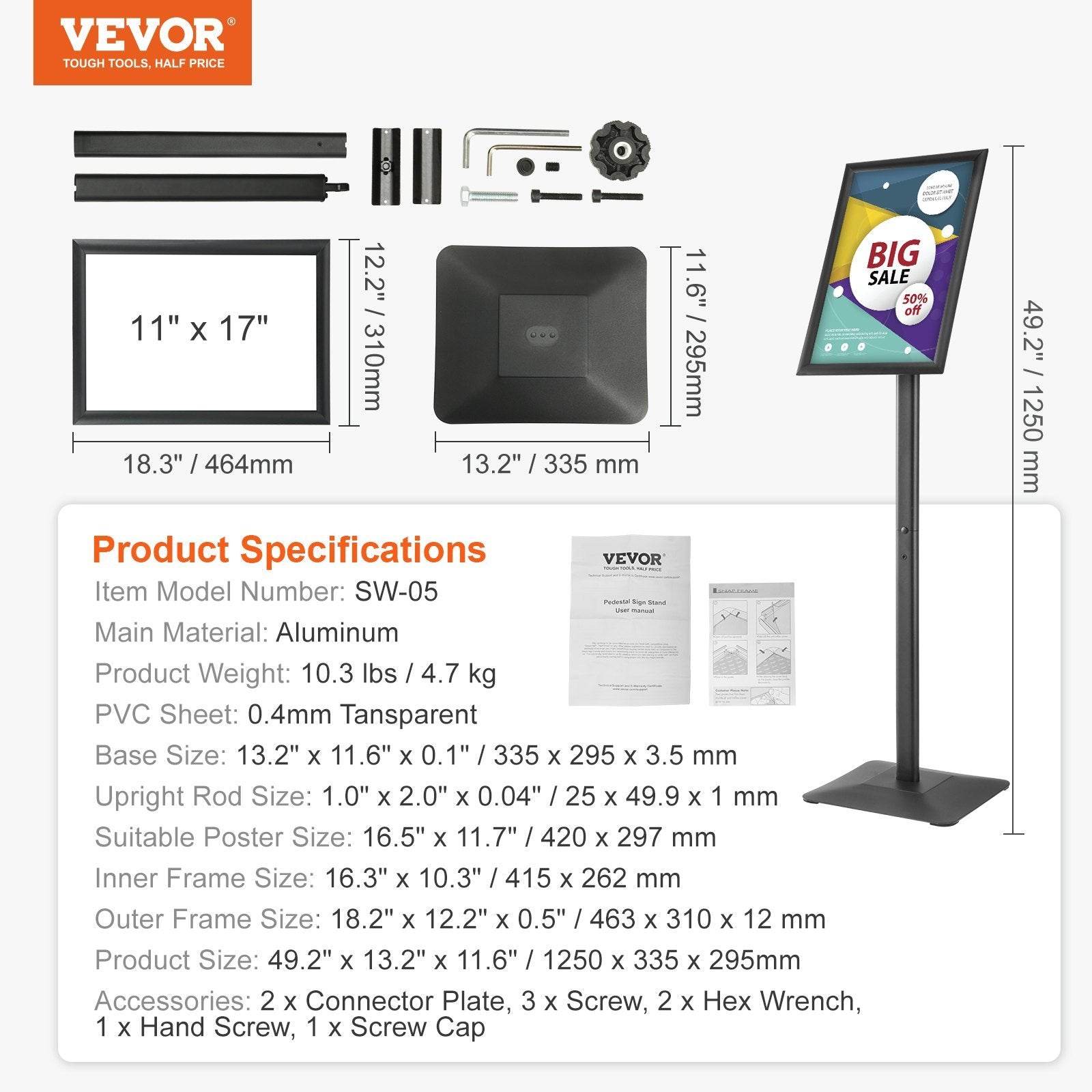Pedestal Sign Holder, 11 X 17 Inch Vertical And Horizontal Adjustable Poster Stand, Heavy-Duty Floor Standing Sign Holder With Metal Base For Display, Advertisement, And Outdoor, Black