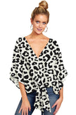 New V Neck Blouse Women Leopard Print Floral Tie Front Blouses Batwing Summer Oversize Ladies Tops