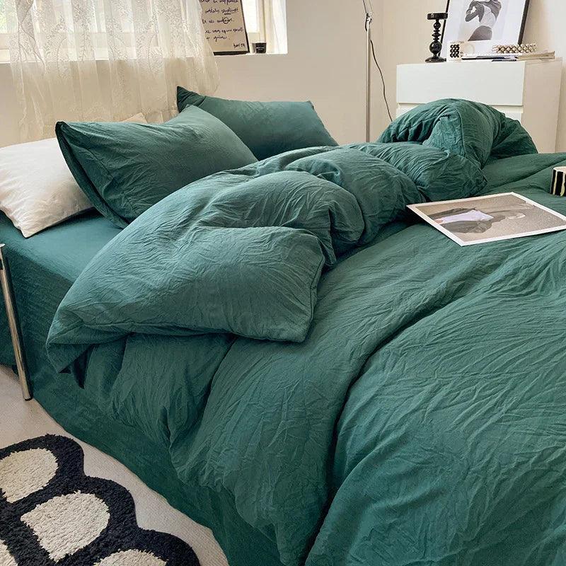Solid Colour Sanding Washed Cotton 4-Piece Duvet Cover Bed Set