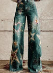 Women's Graphic Print Wide Leg Distressed Denim Pants – Plus Size Straight Leg Casual Jeans