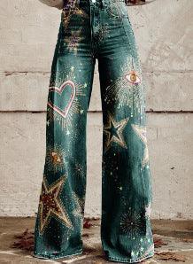 Women's Graphic Print Wide Leg Distressed Denim Pants – Plus Size Straight Leg Casual Jeans