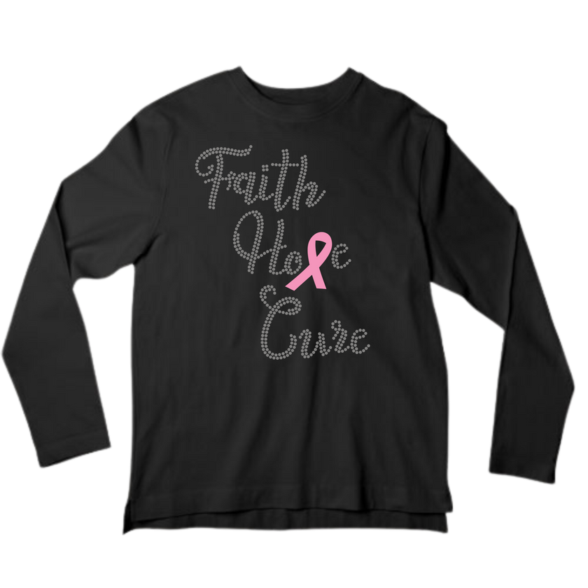 Faith Hope Cure Breast Cancer Rhinestone Shirt – Pink Ribbon Sparkle Bling Tee | Blingdazzel