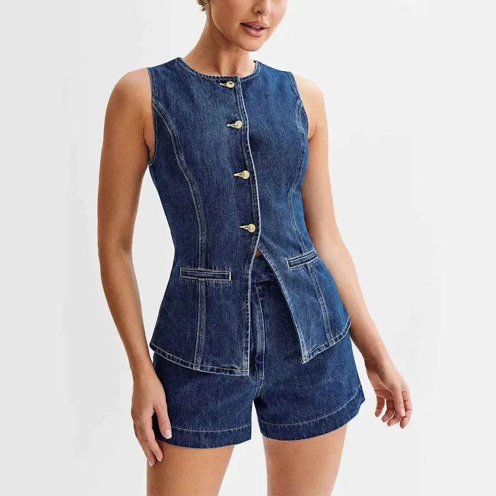 Fashion Denim Suit Summer Casual Sleeveless Button Vest Top And High Waist Shorts Set For Women