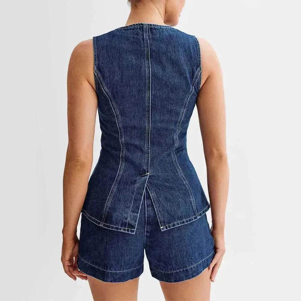 Fashion Denim Suit Summer Casual Sleeveless Button Vest Top And High Waist Shorts Set For Women