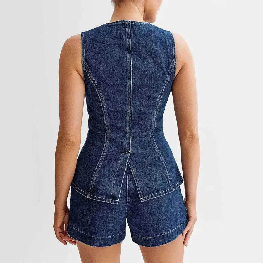 Fashion Denim Suit Summer Casual Sleeveless Button Vest Top And High Waist Shorts Set For Women