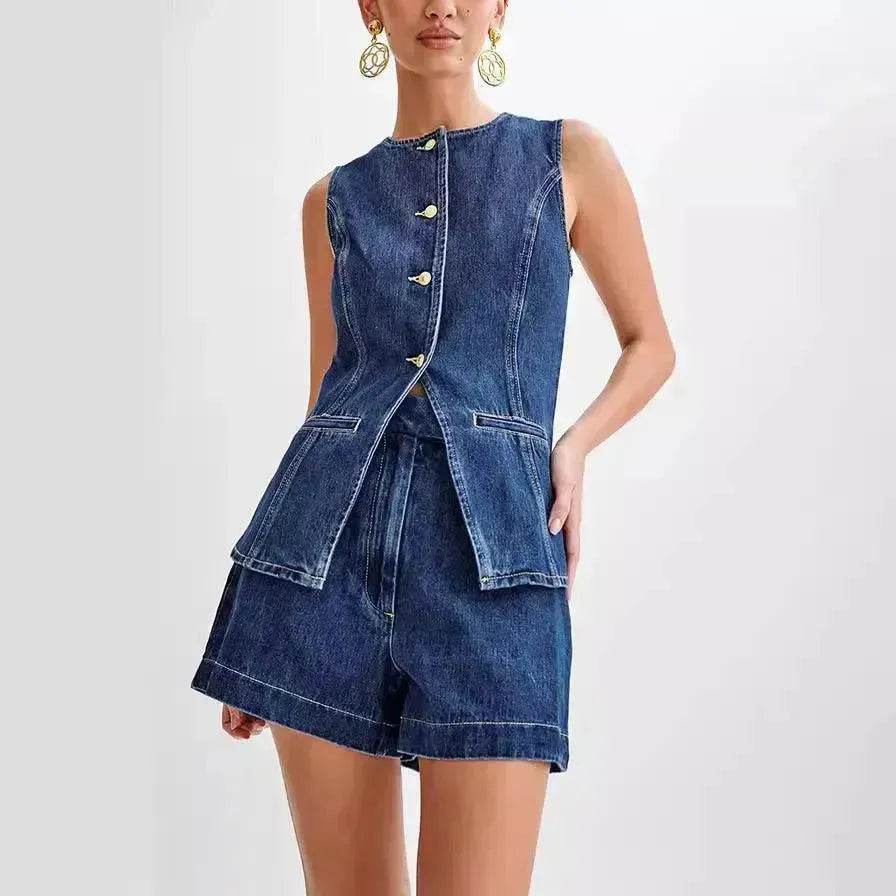 Fashion Denim Suit Summer Casual Sleeveless Button Vest Top And High Waist Shorts Set For Women