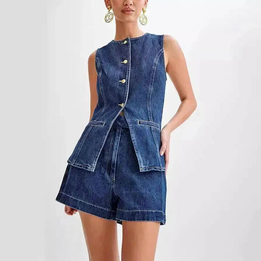 Fashion Denim Suit Summer Casual Sleeveless Button Vest Top And High Waist Shorts Set For Women